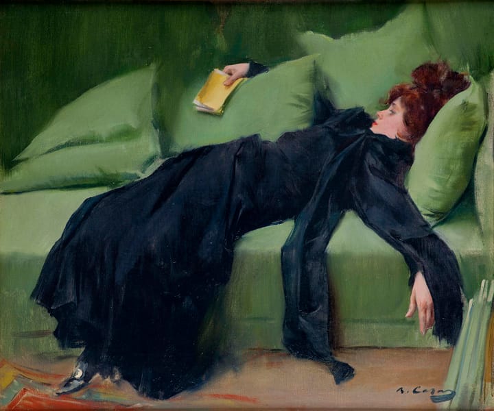 A painting of a young woman in a black dress reclining wearily on a green sofa, holding a book.